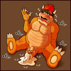 1boy anthro balls ballsack barefoot blush bowser chubby chubby_male claws cum cum_on_body dobnezumi fangs feet flaccid_penis foreskin foreskin_folds furry green_head horns humanoid_penis intact japanese_text male male_only mario_(series) masculine mature_male nintendo no_humans nude_male orange_skin partially_retracted_foreskin penis red_eyes red_hair reptile scalie scrotum sitting_down smooth_penis solo straight_hair tail testicles uncut video_games