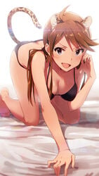 >:d :d adjusting_hair ahoge all_fours black_bra black_panties blue_eyes blush bra breasts brown_hair butt_crack cleavage fangs female h@ll hanging_breasts highres idolmaster idolmaster_million_live! leopard_ears leopard_tail long_hair looking_at_viewer on_bed open_mouth panties smile solo tail tokoro_megumi underwear