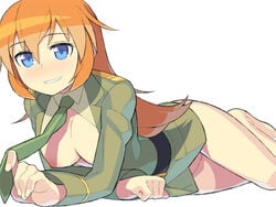 blue_eyes blush bottomless breasts charlotte_e_yeager cleavage clothing grin long_hair lying medium_breasts namaeha_(pixiv77217) necktie orange_hair pomelocandy smile strike_witches