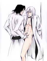 2boys against_wall arms_behind_back arrancar bleach bottomless coyote_starrk espada gay jushiro_ukitake long_hair male male_only malesub open_clothes tagme ukitake_jyuushiro white_hair yaoi