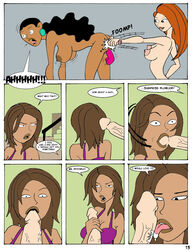 1boy 3girls blowjob bonnie_rockwaller breasts comic disney disney_channel english_text fellatio female guess_whos_coming human james_timothy_possible karmagik kim_possible kimberly_ann_possible male monique_(kim_possible) multiple_girls nipples oral penis straight straight_hair text yuri