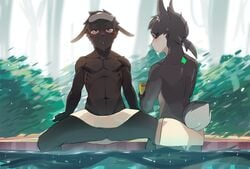 anthro ass athletic athletic_male balls barely_visible_balls barely_visible_genitalia black_body black_fur clothed clothing coalrabbit day duo ears_down eye_markings fur genitals grey_body grey_fur hair head_tuft hi_res holding_object hot_spring inner_ear_fluff kemono lagomorph leporid looking_at_another male male_only mammal markings mawarisaka3 mawarisaka_(character) midriff multicolored_body multicolored_fur navel onsen outside partially_submerged pecs pivoted_ears plant ponytail rabbit red_eyes short_ponytail shrub sitting spread_legs spreading standing topless towel towel_only towel_wrap tree tuft two_tone_body two_tone_fur water white_body white_fur