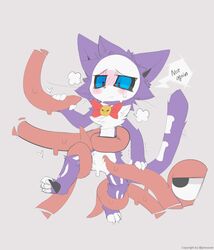 3_toes ambiguous_gender anthro blue_eyes blush dialogue domestic_cat duo english_text felid feline felis forced fur mammal presto_(artist) purple_body purple_fur simple_background tentacle tentacle_monster text toes white_background