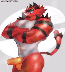 1boy 2020 abs anthro anthrofied barayot beribeardraw black_body bodily_fluids bulge clothing crossed_arms drooling eye_contact feline fur furry genital_fluids genital_outline grin half-closed_eyes hi_res humanoid_genitalia humanoid_penis incineroar looking_at_viewer male male_only mammal muscular muscular_male nintendo nipples pecs penis penis_outline pokémon_(species) pokemon pokemon_sm precum precum_drip precum_through_clothing red_body red_fur saliva sharp_teeth simple_background smile teeth testicles text tongue tongue_out topless video_games watermark wet wet_clothing yellow_sclera