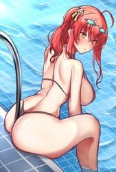 azur_lane cheeks dat_ass female huge_ass huge_breasts looking_at_viewer outdoor ponytail red_hair romocha_(hosachi3784) sideboob sitting sunglasses sunglasses_on_head swimming_pool thong thong_bikini yellow_eyes zara_(poolside_coincidence)_(azur_lane)