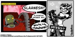 1boy 1girls ahe_gao animated armwear censored censorship chainsword chaos_(warhammer) chaos_space_marine daemonette demon demon_girl dialogue english_text female funny heresy horns leather legwear pleasure_face skeenlangly slaanesh speech_bubble text warhammer_(franchise) warhammer_40k