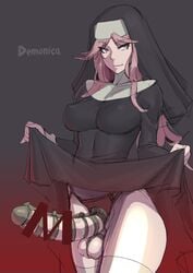 1futa balls bar_censor breasts censored chastity chastity_cage clothed clothing dress dress_lift futa_only futanari human intersex mikoyan mostly_clothed nun nun's_habit pale_skin penis pink_hair presenting skirt_lift solo thighhighs tight_clothing