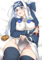 10s ainu_clothes bed_sheet black_legwear blue_eyes carrot erect_nipples female fingernails headband highres kamoi_(kantai_collection) kantai_collection long_hair long_sleeves looking_at_viewer lying on_back open_mouth panties potato pussy shoukaku_(kantai_collection) smile solo thick_eyebrows thighhighs white_hair yui.h