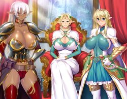 3girls almia_agraliel bikini_armor blonde_hair cleavage curvy dark_elf elf elf_girl ephildis_agraliel fantasy female_elf game_cg huge_breasts indoor kyonyuu_elf_oyako_saimin looking_at_viewer lune milf mother mother_and_daughter narrus_linhen official_art queen skimpy_clothes