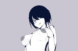 1girls black_and_white bouncing_breasts bust_portrait cute dreadout dreadout_2 eruda female female_focus female_only inverted_nipples linda_(dreadout) pose short_hair tongue_out