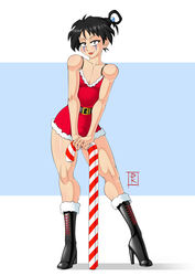 androgynous belt blunt_katana blush blushing bulge candy_cane cane christmas christmas_outfit dress face_paint femboy girly happy high_heels inuyasha jakotsu lipstick male male_only minidress red_dress smile smiling smirk thick_thighs trap wide_hips