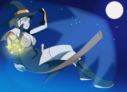 blonde_hair blue_eyes broom broom_riding broomstick flying futanari large_breasts lisa_silverman moon night persona persona_2 persona_2_innocent_sin smile sol_droid witch witch_hat