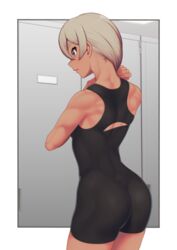 1girls ass back bea_(pokemon) big_ass bodysuit dark-skinned_female dark_skin female grey_eyes grey_hair muscular_female nintendo pokemon pokemon_ss putcher short_hair solo standing thighs