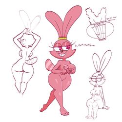 anthro ass big_breasts big_butt breasts cartoon_network chowder chowder_(series) dialogue english_text female female_focus fur genitals hand_on_breast hands_behind_head lagomorph leporid male mammal monamania nipples panini panini_(chowder) pink_body pink_eyes pink_fur presenting presenting_hindquarters pussy rabbit rear_view simple_background sitting smile solo_focus standing straight sweetdandy teeth text thick_thighs wide_hips