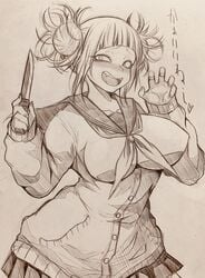 1girls alternate_breast_size blush breasts clothed clothes curemitsuba double_bun eye_contact eyelashes half-closed_eyes himiko_toga holding japanese_text knife large_breasts looking_at_viewer monochrome my_hero_academia open_mouth sharp_teeth shirt short_hair sketch skirt smile teeth text weapon