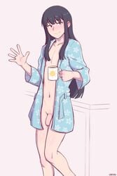 1boy bathrobe black_eyes black_hair blush casual_nudity coffee dross femboy flaccid foreskin girly intact just_woke_up long_hair male male_only morning navel penis rin_(dross) trap