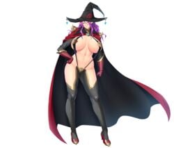 bikini_armor boots cape cleavage curvy dinelynd elf elf_ears female game_cg huge_breasts kyonyuu_elf_oyako_saimin long_hair official_art original original_character pointy_ears purple_hair sling_bikini smiling sorceress witch_hat