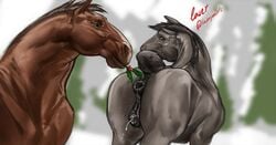 2018 ambiguous_gender anatomically_correct anatomically_correct_genitalia animal_genitalia animal_pussy anus big_clitoris bodily_fluids brown_body brown_eyes brown_fur christmas clitoral_winking clitoris digital_media_(artwork) duo equid equine equine_pussy female female/ambiguous feral fur genital_fluids genitals grey_body grey_fur holidays holly_(plant) horse kissing_bough laser_(artist) looking_back mammal mare nude plant puffy_anus pussy pussy_juice