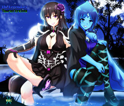 2girls bangs black_hair blue_eyes blue_hair blue_skin breasts deathelena_recreigialas earrings eyebrows_visible_through_hair eyeliner female female_only flower flower_in_hair grin high_heels highres jewelry lipstick logo long_hair looking_at_viewer night original original_characters purple_eyes sacredcourage short_hair sitting skirt teeth the_legendary_tauran'creima the_legendary_tauran'creima:_star_beings_of_the_universe velcrimia_celestia wet wet_skin