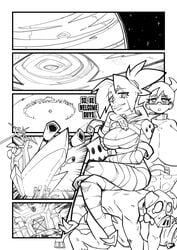 2020 2girls bandages battleship choker cleavage comic cow_horns cow_print eclair_(skarpworld) eyebrows_visible_through_hair female gerph glasses huge_breasts large_breasts miss_azalea mole_above_mouth monochrome nude_male_clothed_female planet sitting_on_person skarp_world tagme teacher thighhighs tight_clothing