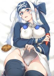 10s ainu_clothes bed_sheet black_legwear blue_eyes carrot erect_nipples exposed_pussy female fingernails headband highres kamoi_(kantai_collection) kantai_collection long_hair long_sleeves looking_at_viewer lying no_panties on_back open_mouth paid_reward patreon_reward potato pussy smile solo thick_eyebrows thighhighs uncensored white_hair yui.h