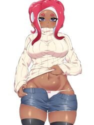 big_breasts blue_eyes bow bow_panties dark-skinned_female dark_skin female highres long_sleeves navel octoling open_mouth open_shorts panties penguin_maru_(penginmaru) red_hair shirt_lift shorts_down splatoon splatoon_(series) splatoon_2 sweater thighhighs underwear white_panties