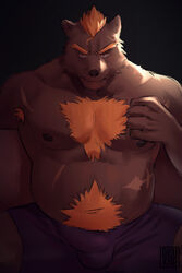 2:3 anthro armpit_hair barguest_(tokyo_afterschool_summoners) body_hair brown_body brown_fur bulge chest_hair clothed clothing dilukha eyebrows fur genital_outline hair hi_res male male_only mammal musclegut nipples orange_eyes orange_hair penis_outline scar simple_background solo tokyo_afterschool_summoners topless underwear ursid video_games