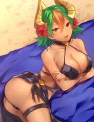 1girls ass bad_anatomy beach beach_towel bikini breasts busty cleavage dark-skinned_female dark_skin earrings fire_emblem fire_emblem_heroes flower gradient_hair green_hair hair_flower hair_ornament jewelry jurge laegjarn_(fire_emblem) laegjarn_(summer)_(fire_emblem) large_breasts laying_down looking_at_viewer multicolored_hair nintendo orange_hair red_eyes short_hair simple_background smile smiling_at_viewer solo swimsuit