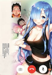 ayamy blue_eyes blue_hair blush breasts cleavage dress facetime female hair_over_one_eye high_resolution long_hair natsuki_subaru nosebleed oni oni_female ram_(re:zero) re:zero_kara_hajimeru_isekai_seikatsu rem_(re:zero) short_dress smile sportswear video_call