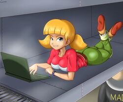 1girls aged_up ass big_ass big_breasts blonde_hair blue_eyes breasts canime clothed_female clothing computer electronics female female_only footwear hiding human inspector_gadget laptop laying_down lying on_stomach penny_gadget posing sensual smile smooth_skin solo the_pose ventilation_shaft