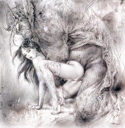 1girls closed_eyes female greyscale human luis_royo male monochrome monster ogre open_mouth penetration penis pubic_hair pussy sex size_difference straight the_blue_prince vaginal_penetration