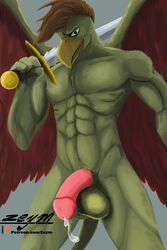 2020 abs anthro avian balls beak biceps big_penis bird bodily_fluids brown_hair claws cum digital_media_(artwork) disney erection feathered_wings feathers fingers gargoyle gargoyles genital_fluids genitals griff_(gargoyles) gryphon hair hi_res holding_object holding_weapon humanoid_genitalia looking_at_viewer male male_only melee_weapon membrane_(anatomy) membranous_wings muscular mythological_avian mythology nude pecs penis simple_background smile solo standing sword weapon wings zeym