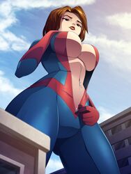 1girls avengers big_breasts blue_eyes bodysuit brown_hair costume female giant-girl giantess gloves huge_breasts janet_van_dyne macro marvel marvel_adventures:_the_avengers marvel_comics ravenravenraven short_hair smile superheroine taller_girl thick_thighs unzipped_bodysuit