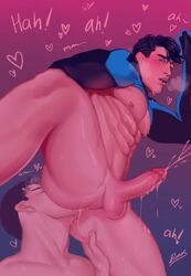 2boys abs anal anilingus artist_request ass batman_(series) big_ass big_balls big_penis blue_background bottomless buttmunch cum cum_dripping_from_penis cumshot dc dc_comics dick_grayson erect_nipples erect_while_rimmed erection exposed_nipples gay hands-free hearts jason_todd leg_lift legs male male/male male_only muscles muscular nightwing nipples orgasm pectorals penis red_hood_(dc) rimjob rimming saliva superhero tongue_fucking yaoi