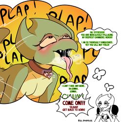 1:1 2020 blush bodily_fluids clothed clothing collar dialogue digital_media_(artwork) dilated_pupils drooling english_text eyeshadow fangs female fucked_silly heart hi_res horn imagination kobold looking_pleasured makeup naughty_face open_mouth orgasm_face partially_clothed saliva scalie silba(ssj_divorcee) sound_effects ssj_divorcee text tongue tongue_out