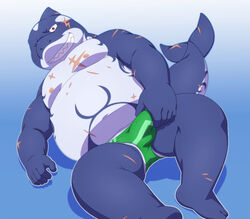 2020 anthro belly blue_background blue_body bulge clothing fish genital_outline humanoid_hands kemono lying male male_only marine moobs nipples one_eye_closed overweight overweight_male penis_outline penta002 scar shark simple_background solo tokyo_afterschool_summoners typhon underwear video_games wink