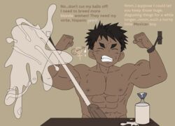 1boy bondage breeder castration_play cum cum_everywhere cum_in_jar cum_on_glass dark_penis dark_skin desk english_text erect excessive_cum horny male male_only max_(wannaplay) muscular penis raceplay solo text underpenis wannaplay young