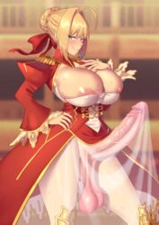 1futa ahoge alternate_breast_size areolae balls balls_under_clothes blonde blonde_hair bottomless_skirt breasts cleavage curvy decensored dress erection erection_under_clothes erection_under_skirt eye_contact fate/grand_order fate_(series) full-package_futanari futa_only futanari futanari_exposed half-closed_eyes huge_ass huge_breasts huge_cock hyper hyper_penis ineffective_clothing intersex intersex_only large_balls long_penis looking_at_viewer nero_claudius_(fate) penis penis_bulge penis_under_clothes penis_under_skirt sagging_balls skirt skirt_lift solo sweat tenting testicles thick_penis thick_thighs thigh_gap uncensored veins veiny_penis wet wide_hips zheng