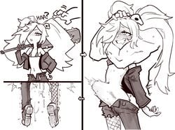 3koma ambiguous_penetration asymmetrical_clothes asymmetrical_legwear binbougami_ga! blush chokehold choking comic cum cum_inside dangling_legs delinquent drooling dubious_consent feet_off_ground fishnets from_behind_position gritted_teeth hair_ornament hair_over_one_eye instant_loss_2koma large_insertion large_penis larger_male manhandling momiji_(binbougami_ga!) monochrome nipples one_breast_out petite size_difference small_breasts smaller_female stomach_bulge surprise surprise_sex sweat thetenk twintails