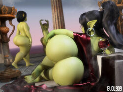 3d 3girls areola_slip arms_up back_view bare_shoulders barefoot bimbo black_hair bottom_heavy bubble_butt busty butt_crack curvy dat_ass detailed_background ear_piercing earrings evolluisionist eyelashes female female_only flat_chest front_view goblin goblin_female grab grabbing green_skin group hoop_earrings hourglass_figure huge_ass humanoid hyper_biceps hyper_bimbo long_hair lying makeup multiple_females multiple_girls naked naked_robe nude nude_female original_character outdoor outside pointy_ears ponytail pose posing shiny shiny_skin short_hair shortstack sideboob skirt small_breasts smoke standing stretching thick_thighs tied_hair very_long_hair voluptuous walking wide_hips wine wine_glass