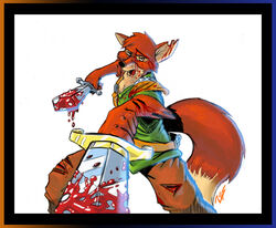 2007 anthro black_nose blood bodily_fluids border canid canine clothed clothing disney eyebrows fox fully_clothed fur male male_only mammal melee_weapon open_mouth orange_border red_fox robin_hood_(character) robin_hood_(disney) signature simple_background solo sword traditional_media_(artwork) weapon white_background zillford