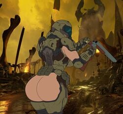 1girls 3d 3d_background armor ass bottomless breasts clothed dark_skin doom doom_slayer_(doom) double-barreled_shotgun exposed exposed_ass female gauntlets greaves gun hell helmet huge_ass human methados rule_63 screenshot shotgun solo source_request thick_thighs weapon wide_hips