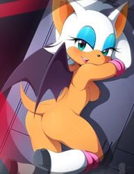 1girls anthro ass bat clothing exposed_torso eyeshadow female female_only footwear furry furry_only green_eyes handwear iryanic looking_at_viewer mostly_nude rouge_the_bat sideboob solo sonic_(series)