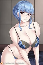 1girls artist_name aslindsamure black_eyes blue_and_black_bra blue_and_yellow_panties blue_hair bra embarrassed female fire_emblem fire_emblem:_three_houses large_breasts long_hair marianne_von_edmund nintendo panties solo thick_thighs tied_hair