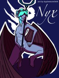 applesauce_jack blue_hair breasts elf elf_ears facepaint female female_only grey_skin hand_on_hip heterochromia horns nipples nude_female nyx_(the_dragon_prince) pointy_ears skywing_elf small_breasts smile squatting staff the_dragon_prince wings