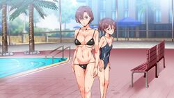 bare_shoulders barefoot belly big_breasts black_bikini blue_leotard blush brown_hair cleavage collarbone emotionless expressionless hands_on_hips hitomi_(indifference_pool) hypnosis leaning leaning_to_the_side looking_at_viewer mind_control mother_and_daughter mukanshin_pool mutsuki nyuu_(manekin-eko) open_mouth palm_tree pool poolside pupilless_eyes purple_eyes shocked short_hair standing swimsuit teenager thighhighs thighs tight_clothing tight_underwear underboob water wet wet_body