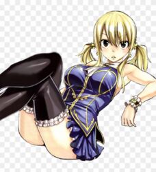 big_breasts blonde_hair blonde_hair_female bracelet breasts brown_eyes fairy_tail female lucy_heartfilia mashima_hiro skirt stockings thick_thighs twintails