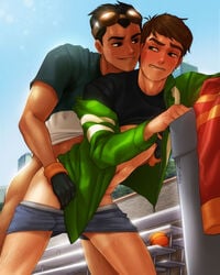 2boys abs anal armpit_hair armpits ass ben_10 ben_tennyson bludwing body_hair cartoon_network clothing crossover from_behind gay generator_rex hairy_male jacket leg_hair legs legs_spread male male_only muscles muscular nipples partially_clothed pectorals penetration pubic_hair rex_salazar skinny sweat yaoi