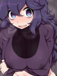 1girls alternate_breast_size dress female female_only fully_clothed hex_maniac huge_breasts human human_only kuro_mushi lactating lactation_through_clothes looking_at_viewer mozukubotan nintendo pokemon pokemon_xy purple_eyes purple_hair solo spiral_eyes sweat swirly_eyes turtleneck