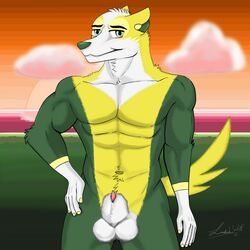 1:1 1boy abs anatomically_correct animal_genitalia animal_penis anthro anthrofied bara boltund canine canine_penis eye_contact furry half-closed_eyes hi_res linderwolf looking_at_viewer male male_only mammal muscular nintendo no_nipples original_character penis pokémon_(species) pokemon pokemon_ss pose sheath source_request testicles text video_games watermark yaoi